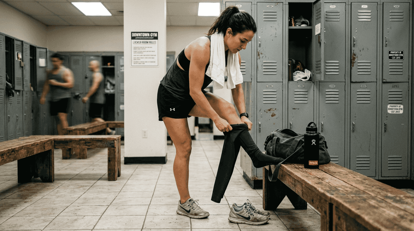 Woman putting on leggings in gym setting