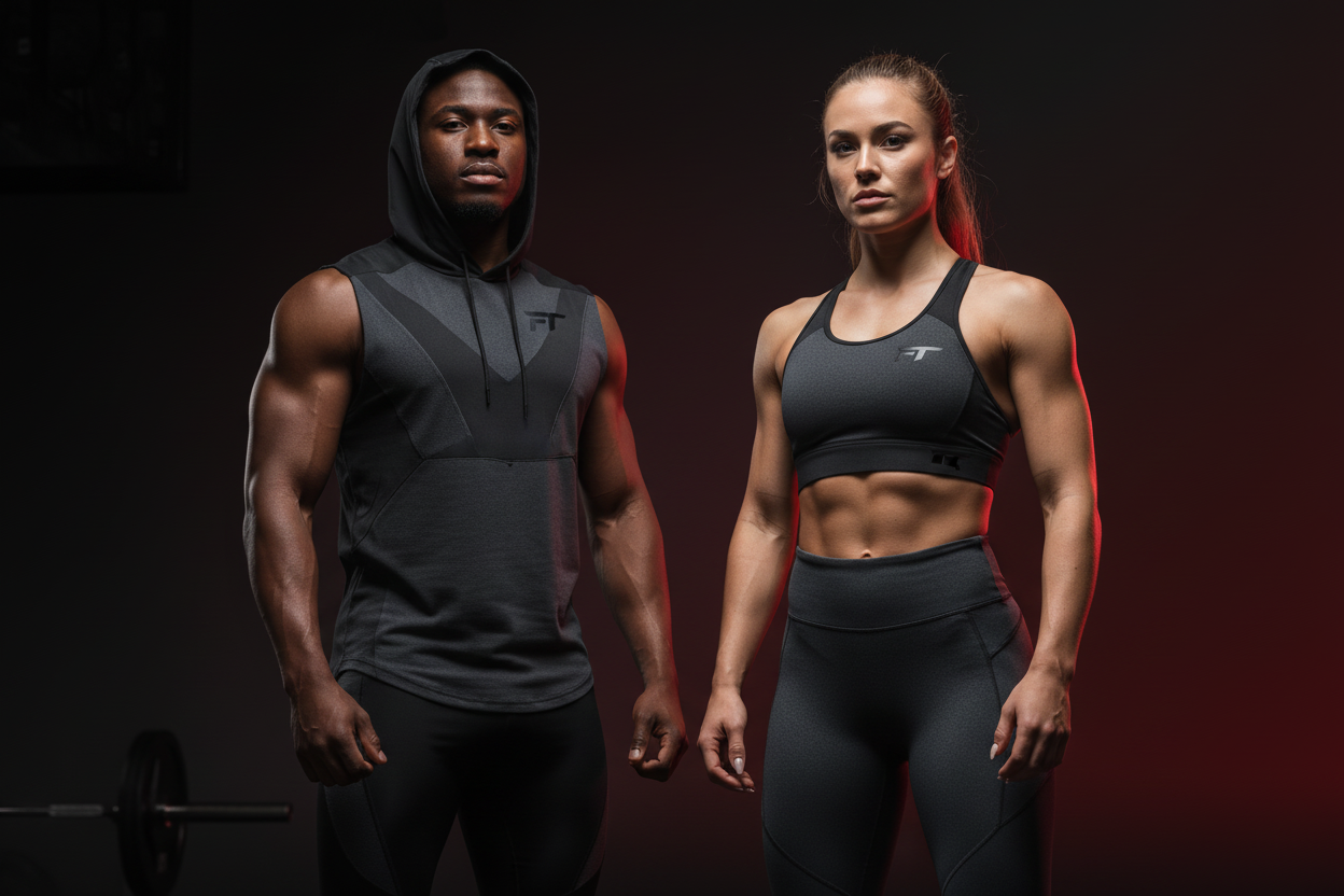 Two fit individuals working out in a gym promoting FitnessThreads apparel.
