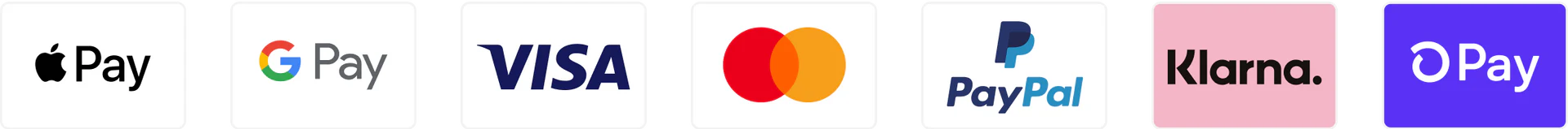 Logos of various payment methods including Apple Pay, Google Pay, Visa, Mastercard, PayPal, Klarna, and OPay 